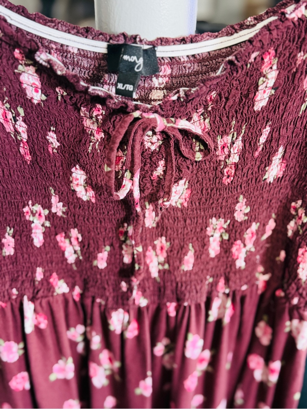 Lily Morgan XL Burgundy Flower Smocked Puff Sleeve Mini Dress Tunic Top - Picture 8 of 10